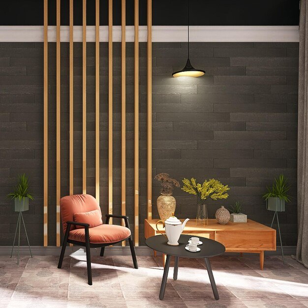 dark theme modern living room interior design with single sofa tea table media unit plants light 31479 170
